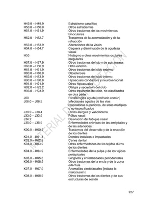 227
H49.0 – H49.9 Estrabismo paralítico
H50.0 – H50.9 Otros estrabismos
H51.0 – H51.9 Otros trastornos de los movimientos
binoculares
H52.0 – H52.7 Trastornos de la acomodación y de la
refracción
H53.0 – H53.9 Alteraciones de la visión
H54.0 – H54.7 Ceguera y disminución de la agudeza
visual
H55 Nistagmo y otros movimientos oculares
irregulares
H57.0 – H57.9 Otros trastornos del ojo y de sus anexos
H60.0 – H60.9 Otitis externa
H61.0 – H61.9 Otros trastornos del oído externo
H80.0 – H80.9 Otosclerosis
H83.0 – H83.9 Otros trastornos del oído interno
H90.0 – H90.8 Hipoacusia conductiva y neurosensorial
H91.0 – H91.9 Otras hipoacusias
H92.0 – H92.2 Otalgia y secreción del oído
H93.0 – H93.9 Otros trastornos del oído, no clasificados
en otra parte
J00 Rinofaringitis aguda [resfriado común]
J06.0 – J06.9 Infecciones agudas de las vías
respiratorias superiores, de sitios múltiples
o no especificados
J30.0 – J30.4 Rinitis alérgica y vasomotora
J33.0 – J33.9 Pólipo nasal
J34.2 Desviación del tabique nasal
J35.0 – J35.9 Enfermedades crónicas de las amígdalas y
de las adenoides
K00.0 – K00.9 Trastornos del desarrollo y de la erupción
de los dientes
K01.0 – K01.1 Dientes incluidos e impactados
K02.0 – K02.9 Caries dental
K03.0 – K03.9 Otras enfermedades de los tejidos duros
de los dientes
K04.0 – K04.9 Enfermedades de la pulpa y de los tejidos
periapicales
K05.0 – K05.6 Gingivitis y enfermedades periodontales
K06.0 – K06.9 Otros trastornos de la encía y de la zona
edéntula
K07.0 – K07.9 Anomalías dentofaciales [incluso la
maloclusión]
K08.0 – K08.9 Otros trastornos de los dientes y de sus
estructuras de sostén
 