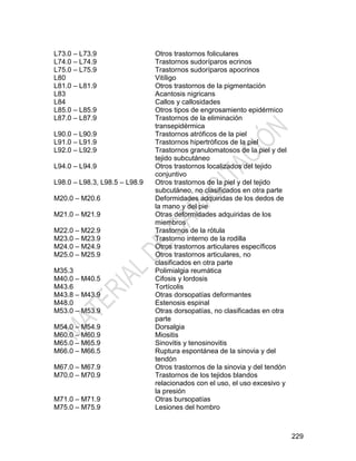 229
L73.0 – L73.9 Otros trastornos foliculares
L74.0 – L74.9 Trastornos sudoríparos ecrinos
L75.0 – L75.9 Trastornos sudoríparos apocrinos
L80 Vitíligo
L81.0 – L81.9 Otros trastornos de la pigmentación
L83 Acantosis nigricans
L84 Callos y callosidades
L85.0 – L85.9 Otros tipos de engrosamiento epidérmico
L87.0 – L87.9 Trastornos de la eliminación
transepidérmica
L90.0 – L90.9 Trastornos atróficos de la piel
L91.0 – L91.9 Trastornos hipertróficos de la piel
L92.0 – L92.9 Trastornos granulomatosos de la piel y del
tejido subcutáneo
L94.0 – L94.9 Otros trastornos localizados del tejido
conjuntivo
L98.0 – L98.3, L98.5 – L98.9 Otros trastornos de la piel y del tejido
subcutáneo, no clasificados en otra parte
M20.0 – M20.6 Deformidades adquiridas de los dedos de
la mano y del pie
M21.0 – M21.9 Otras deformidades adquiridas de los
miembros
M22.0 – M22.9 Trastornos de la rótula
M23.0 – M23.9 Trastorno interno de la rodilla
M24.0 – M24.9 Otros trastornos articulares específicos
M25.0 – M25.9 Otros trastornos articulares, no
clasificados en otra parte
M35.3 Polimialgia reumática
M40.0 – M40.5 Cifosis y lordosis
M43.6 Tortícolis
M43.8 – M43.9 Otras dorsopatías deformantes
M48.0 Estenosis espinal
M53.0 – M53.9 Otras dorsopatías, no clasificadas en otra
parte
M54.0 – M54.9 Dorsalgia
M60.0 – M60.9 Miositis
M65.0 – M65.9 Sinovitis y tenosinovitis
M66.0 – M66.5 Ruptura espontánea de la sinovia y del
tendón
M67.0 – M67.9 Otros trastornos de la sinovia y del tendón
M70.0 – M70.9 Trastornos de los tejidos blandos
relacionados con el uso, el uso excesivo y
la presión
M71.0 – M71.9 Otras bursopatías
M75.0 – M75.9 Lesiones del hombro
 