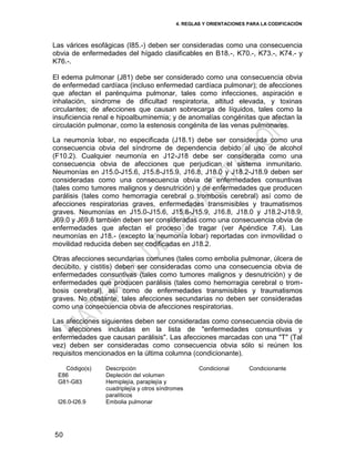 4. REGLAS Y ORIENTACIONES PARA LA CODIFICACIÓN
50
Las várices esofágicas (I85.-) deben ser consideradas como una consecuencia
obvia de enfermedades del hígado clasificables en B18.-, K70.-, K73.-, K74.- y
K76.-.
El edema pulmonar (J81) debe ser considerado como una consecuencia obvia
de enfermedad cardíaca (incluso enfermedad cardíaca pulmonar); de afecciones
que afectan el parénquima pulmonar, tales como infecciones, aspiración e
inhalación, síndrome de dificultad respiratoria, altitud elevada, y toxinas
circulantes; de afecciones que causan sobrecarga de líquidos, tales como la
insuficiencia renal e hipoalbuminemia; y de anomalías congénitas que afectan la
circulación pulmonar, como la estenosis congénita de las venas pulmonares.
La neumonía lobar, no especificada (J18.1) debe ser considerada como una
consecuencia obvia del síndrome de dependencia debido al uso de alcohol
(F10.2). Cualquier neumonía en J12-J18 debe ser considerada como una
consecuencia obvia de afecciones que perjudican el sistema inmunitario.
Neumonías en J15.0-J15.6, J15.8-J15.9, J16.8, J18.0 y J18.2-J18.9 deben ser
consideradas como una consecuencia obvia de enfermedades consuntivas
(tales como tumores malignos y desnutrición) y de enfermedades que producen
parálisis (tales como hemorragia cerebral o trombosis cerebral) así como de
afecciones respiratorias graves, enfermedades transmisibles y traumatismos
graves. Neumonías en J15.0-J15.6, J15.8-J15.9, J16.8, J18.0 y J18.2-J18.9,
J69.0 y J69.8 también deben ser consideradas como una consecuencia obvia de
enfermedades que afectan el proceso de tragar (ver Apéndice 7.4). Las
neumonías en J18.- (excepto la neumonía lobar) reportadas con inmovilidad o
movilidad reducida deben ser codificadas en J18.2.
Otras afecciones secundarias comunes (tales como embolia pulmonar, úlcera de
decúbito, y cistitis) deben ser consideradas como una consecuencia obvia de
enfermedades consuntivas (tales como tumores malignos y desnutrición) y de
enfermedades que producen parálisis (tales como hemorragia cerebral o trom-
bosis cerebral), así como de enfermedades transmisibles y traumatismos
graves. No obstante, tales afecciones secundarias no deben ser consideradas
como una consecuencia obvia de afecciones respiratorias.
Las afecciones siguientes deben ser consideradas como consecuencia obvia de
las afecciones incluidas en la lista de "enfermedades consuntivas y
enfermedades que causan parálisis". Las afecciones marcadas con una "T" (Tal
vez) deben ser consideradas como consecuencia obvia sólo si reúnen los
requisitos mencionados en la última columna (condicionante).
Código(s) Descripción Condicional Condicionante
E86 Depleción del volumen
G81-G83 Hemiplejía, paraplejía y
cuadriplejía y otros síndromes
paralíticos
I26.0-I26.9 Embolia pulmonar
 