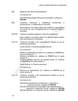 4. REGLAS Y ORIENTACIONES PARA LA CODIFICACIÓN
72
E86 Depleción del volumen (deshidratación)
con mención de:
A00-A09 (Enfermedades infecciosas intestinales), codifique en
A00-A09
E89.- Trastornos endocrinos y metabólicos consecutivos a
procedimientos, no clasificados en otra parte
Estos códigos no se deben utilizar para codificar la causa básica
de muerte. Ver 4.2.6 Complicaciones de la atención médica y
quirúrgica.
F03-F09 Trastornos mentales orgánicos, incluso los sintomáticos
Estos códigos no se deben utilizar si la afección orgánica básica
está mencionada en el certificado.
F10-F19 Trastornos mentales y del comportamiento debidos al uso de
sustancias psicoactivas
Cuarto carácter .2 (Síndrome de dependencia)
con mención de:
Estado de abstinencia con delirio (.4), codifique en F10-F19 con
el cuarto carácter .4
Síndrome amnésico (.6), codifique en F10-F19 con el cuarto
carácter .6
Trastorno psicótico residual y de comienzo tardío (.7), codifique
en F10-F19 con el cuarto carácter .7
Cuarto carácter .5 (Trastorno psicótico)
con mención de:
Síndrome de dependencia (.2), codifique en F10-F19 con el
cuarto carácter .2
F10-F19 Trastornos mentales y del comportamiento debidos al uso de
sustancias psicoactivas
con mención de:
X40-X49 Envenenamiento accidental por, y exposición a
sustancias nocivas, codifique en X40-X49
X60-X69 Envenenamiento autoinfligido intencionalmente por, y
exposición a sustancias nocivas, codifique en X60-X69
X85-X90 Agresión con sustancias nocivas, codifique en X85-X90
 