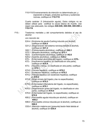73
Y10-Y19 Envenenamiento de intención no determinada por, y
exposición a drogas, productos químicos y sustancias
nocivas, codifique en Y10-Y19
Cuarto carácter .0 (Intoxicación aguda), Estos códigos no se
deben utilizar para codificar la causa básica de muerte. Use
según sea adecuado, los códigos X40-X49, X60-X69, X85-X90 o
Y10-Y19
F10.- Trastornos mentales y del comportamiento debidos al uso de
alcohol
con mención de:
E24.4 (Síndrome de seudo-Cushing inducido por alcohol),
codifique en E24.4
G31.2 (Degeneración del sistema nervioso debida al alcohol),
codifique en G31.2
G62.1 (Polineuropatía alcohólica), codifique en G62.1
G72.1 (Miopatía alcohólica), codifique en G72.1
I42.6 (Cardiomiopatía alcohólica), codifique en I42.6
K29.2 (Gastritis alcohólica), codifique en K29.2
K70.- (Enfermedad alcohólica del hígado), codifique en K70.-
K72.- (Insuficiencia hepática, no clasificada en otra parte),
codifique en K70.4
K73.- (Hepatitis crónica, no clasificada en otra parte), codifique
en K70.1
K74.0 (Fibrosis hepática), codifique en K70.2
K74.1 (Esclerosis hepática), codifique en K70.2
K74.2 (Fibrosis hepática con esclerosis hepática), codifique
en K70.2
K74.6 (Otras cirrosis del hígado y las no especificadas),
codifique en K70.3
K75.9 (Enfermedad inflamatoria del hígado, no especificada),
codifique en K70.1
K76.0 (Degeneración grasa del hígado, no clasificada en otra
parte), codifique en K70.0
K76.9 (Enfermedad del hígado, no especificada), codifique en
K70.9
K85.2 (Pancreatitis aguda inducida por alcohol), codifique en
K85.2
K86.0 (Pancreatitis crónica inducida por el alcohol), codifique en
K86.0
O35.4 (Atención materna por (presunta) lesión fetal debida al
alcohol), codifique en O35.4
 
