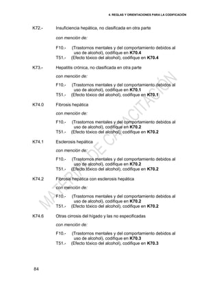 4. REGLAS Y ORIENTACIONES PARA LA CODIFICACIÓN
84
K72.- Insuficiencia hepática, no clasificada en otra parte
con mención de:
F10.- (Trastornos mentales y del comportamiento debidos al
uso de alcohol), codifique en K70.4
T51.- (Efecto tóxico del alcohol), codifique en K70.4
K73.- Hepatitis crónica, no clasificada en otra parte
con mención de:
F10.- (Trastornos mentales y del comportamiento debidos al
uso de alcohol), codifique en K70.1
T51.- (Efecto tóxico del alcohol), codifique en K70.1
K74.0 Fibrosis hepática
con mención de:
F10.- (Trastornos mentales y del comportamiento debidos al
uso de alcohol), codifique en K70.2
T51.- (Efecto tóxico del alcohol), codifique en K70.2
K74.1 Esclerosis hepática
con mención de:
F10.- (Trastornos mentales y del comportamiento debidos al
uso de alcohol), codifique en K70.2
T51.- (Efecto tóxico del alcohol), codifique en K70.2
K74.2 Fibrosis hepática con esclerosis hepática
con mención de:
F10.- (Trastornos mentales y del comportamiento debidos al
uso de alcohol), codifique en K70.2
T51.- (Efecto tóxico del alcohol), codifique en K70.2
K74.6 Otras cirrosis del hígado y las no especificadas
con mención de:
F10.- (Trastornos mentales y del comportamiento debidos al
uso de alcohol), codifique en K70.3
T51.- (Efecto tóxico del alcohol), codifique en K70.3
 