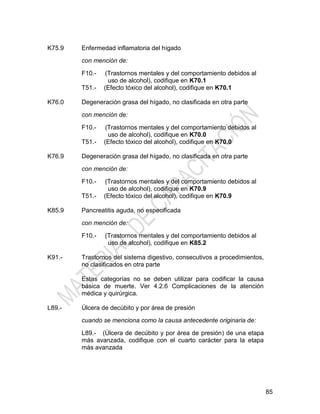 85
K75.9 Enfermedad inflamatoria del hígado
con mención de:
F10.- (Trastornos mentales y del comportamiento debidos al
uso de alcohol), codifique en K70.1
T51.- (Efecto tóxico del alcohol), codifique en K70.1
K76.0 Degeneración grasa del hígado, no clasificada en otra parte
con mención de:
F10.- (Trastornos mentales y del comportamiento debidos al
uso de alcohol), codifique en K70.0
T51.- (Efecto tóxico del alcohol), codifique en K70.0
K76.9 Degeneración grasa del hígado, no clasificada en otra parte
con mención de:
F10.- (Trastornos mentales y del comportamiento debidos al
uso de alcohol), codifique en K70.9
T51.- (Efecto tóxico del alcohol), codifique en K70.9
K85.9 Pancreatitis aguda, no especificada
con mención de:
F10.- (Trastornos mentales y del comportamiento debidos al
uso de alcohol), codifique en K85.2
K91.- Trastornos del sistema digestivo, consecutivos a procedimientos,
no clasificados en otra parte
Estas categorías no se deben utilizar para codificar la causa
básica de muerte. Ver 4.2.6 Complicaciones de la atención
médica y quirúrgica.
L89.- Úlcera de decúbito y por área de presión
cuando se menciona como la causa antecedente originaria de:
L89.- (Úlcera de decúbito y por área de presión) de una etapa
más avanzada, codifique con el cuarto carácter para la etapa
más avanzada
 