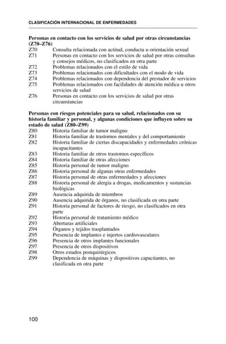 Personas en contacto con los servicios de salud por otras circunstancias
(Z70–Z76)
Z70 Consulta relacionada con actitud, conducta u orientación sexual
Z71 Personas en contacto con los servicios de salud por otras consultas
y consejos médicos, no clasificados en otra parte
Z72 Problemas relacionados con el estilo de vida
Z73 Problemas relacionados con dificultades con el modo de vida
Z74 Problemas relacionados con dependencia del prestador de servicios
Z75 Problemas relacionados con facilidades de atención médica u otros
servicios de salud
Z76 Personas en contacto con los servicios de salud por otras
circunstancias
Personas con riesgos potenciales para su salud, relacionados con su
historia familiar y personal, y algunas condiciones que influyen sobre su
estado de salud (Z80–Z99)
Z80 Historia familiar de tumor maligno
Z81 Historia familiar de trastornos mentales y del comportamiento
Z82 Historia familiar de ciertas discapacidades y enfermedades crónicas
incapacitantes
Z83 Historia familiar de otros trastornos específicos
Z84 Historia familiar de otras afecciones
Z85 Historia personal de tumor maligno
Z86 Historia personal de algunas otras enfermedades
Z87 Historia personal de otras enfermedades y afecciones
Z88 Historia personal de alergia a drogas, medicamentos y sustancias
biológicas
Z89 Ausencia adquirida de miembros
Z90 Ausencia adquirida de órganos, no clasificada en otra parte
Z91 Historia personal de factores de riesgo, no clasificados en otra
parte
Z92 Historia personal de tratamiento médico
Z93 Aberturas artificiales
Z94 Órganos y tejidos trasplantados
Z95 Presencia de implantes e injertos cardiovasculares
Z96 Presencia de otros implantes funcionales
Z97 Presencia de otros dispositivos
Z98 Otros estados postquirúrgicos
Z99 Dependencia de máquinas y dispositivos capacitantes, no
clasificada en otra parte
CLASIFICACIÓN INTERNACIONAL DE ENFERMEDADES
100
 