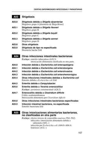 A03 Shigelosis
A03.0 Shigelosis debida a Shigella dysenteriae
Shigelosis grupo A [disentería de Shiga-Kruse]
A03.1 Shigelosis debida a Shigella flexneri
Shigelosis grupo B
A03.2 Shigelosis debida a Shigella boydii
Shigelosis grupo C
A03.3 Shigelosis debida a Shigella sonnei
Shigelosis grupo D
A03.8 Otras shigelosis
A03.9 Shigelosis de tipo no especificado
Disentería bacilar SAI
A04 Otras infecciones intestinales bacterianas
Excluye: enteritis tuberculosa (A18.3)
intoxicación alimentaria clasificada en otra parte
A04.0 Infección debida a Escherichia coli enteropatógena
A04.1 Infección debida a Escherichia coli enterotoxígena
A04.2 Infección debida a Escherichia coli enteroinvasiva
A04.3 Infección debida a Escherichia coli enterohemorrágica
A04.4 Otras infecciones intestinales debidas a Escherichia coli
Enteritis debida a Escherichia coli SAI
A04.5 Enteritis debida a Campylobacter
A04.6 Enteritis debida a Yersinia enterocolitica
Excluye: yersiniosis extraintestinal (A28.2)
A04.7 Enterocolitis debida a Clostridium difficile
Colitis seudomembranosa
Intoxicación alimentaria por Clostridium difficile
A04.8 Otras infecciones intestinales bacterianas especificadas
A04.9 Infección intestinal bacteriana, no especificada
Enteritis bacteriana SAI
A05 Otras intoxicaciones alimentarias bacterianas,
no clasificadas en otra parte
Excluye: efectos tóxicos de comestibles nocivos (T61–T62)
infección e intoxicación alimentaria debida a
salmonela (A02.–)
infección por Escherichia coli (A04.0–A04.4)
listeriosis (A32.–)
CIERTAS ENFERMEDADES INFECCIOSAS Y PARASITARIAS
107
 