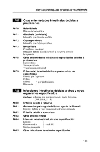 A07 Otras enfermedades intestinales debidas a
protozoarios
A07.0 Balantidiasis
Disentería balantídica
A07.1 Giardiasis [lambliasis]
Infección por Giardia lamblia
A07.2 Criptosporidiosis
Infección por Criptosporidium
A07.3 Isosporiasis
Coccidiosis intestinal
Infección debida a Isospora belli e Isospora hominis
Isosporosis
A07.8 Otras enfermedades intestinales especificadas debidas a
protozoarios
Sarcocistosis
Sarcosporidiosis
Tricomoniasis intestinal
A07.9 Enfermedad intestinal debida a protozoarios, no
especificada
Diarrea por flagelados
Colitis
Diarrea
Disentería
AA08 Infecciones intestinales debidas a virus y otros
organismos especificados
Excluye: influenza con compromiso del tracto digestivo
(J09, J10.8, J11.8)
A08.0 Enteritis debida a rotavirus
A08.1 Gastroenteropatía aguda debida al agente de Norwalk
Enteritis debida a virus pequeño de estructura redonda
A08.2 Enteritis debida a adenovirus
A08.3 Otras enteritis virales
A08.4 Infección intestinal viral, sin otra especificación
Enteritis
Gastroenteritis viral SAI
Gastroenteropatía
A08.5 Otras infecciones intestinales especificadas
CIERTAS ENFERMEDADES INFECCIOSAS Y PARASITARIAS
109
por protozoarios
⎫
⎪
⎬
⎪
⎭
⎫
⎪
⎬
⎪
⎭
 