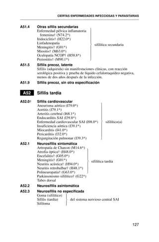 A51.4 Otras sífilis secundarias
Enfermedad pélvica inflamatoria
femenina† (N74.2*)
Iridociclitis† (H22.0*)
Linfadenopatía
Meningitis† (G01*)
Miositis† (M63.0*)
Oculopatía NCOP† (H58.8*)
Periostitis† (M90.1*)
A51.5 Sífilis precoz, latente
Sífilis (adquirida) sin manifestaciones clínicas, con reacción
serológica positiva y prueba de líquido cefalorraquídeo negativa,
menos de dos años después de la infección.
A51.9 Sífilis precoz, sin otra especificación
A52 Sífilis tardía
A52.0† Sífilis cardiovascular
Aneurisma aórtico (I79.0*)
Aortitis (I79.1*)
Arteritis cerebral (I68.1*)
Endocarditis SAI (I39.8*)
Enfermedad cardiovascular SAI (I98.0*) sifilítico(a)
Insuficiencia aórtica (I39.1*)
Miocarditis (I41.0*)
Pericarditis (I32.0*)
Regurgitación pulmonar (I39.3*)
A52.1 Neurosífilis sintomática
Artropatía de Charcot (M14.6*)
Atrofia óptica† (H48.0*)
Encefalitis† (G05.0*)
Meningitis† (G01*) sifilítica tardía
Neuritis acústica† (H94.0*)
Neuritis retrobulbar† (H48.1*)
Polineuropatía† (G63.0*)
Parkinsonismo sifilítico† (G22*)
Tabes dorsal
A52.2 Neurosífilis asintomática
A52.3 Neurosífilis no especificada
Goma (sifilítico)
Sífilis (tardía) del sistema nervioso central SAI
Sifiloma
CIERTAS ENFERMEDADES INFECCIOSAS Y PARASITARIAS
127
sifilítica secundaria
⎫
⎪
⎪
⎪
⎪
⎬
⎪
⎪
⎪
⎪
⎭
⎫
⎪
⎪
⎪
⎪
⎬
⎪
⎪
⎪
⎪
⎭
⎫
⎪
⎪
⎪
⎬
⎪
⎪
⎪
⎭
⎫
⎪
⎬
⎪
⎭
 