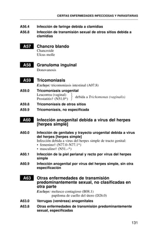 A56.4 Infección de faringe debida a clamidias
A56.8 Infección de transmisión sexual de otros sitios debida a
clamidias
A57 Chancro blando
Chancroide
Ulcus molle
A58 Granuloma inguinal
Donovanosis
A59 Tricomoniasis
Excluye: tricomoniasis intestinal (A07.8)
A59.0 Tricomoniasis urogenital
Leucorrea (vaginal)
Prostatitis† (N51.0*)
A59.8 Tricomoniasis de otros sitios
A59.9 Tricomoniasis, no especificada
A60 Infección anogenital debida a virus del herpes
[herpes simple]
A60.0 Infección de genitales y trayecto urogenital debida a virus
del herpes [herpes simple]
Infección debida a virus del herpes simple de tracto genital:
• femenino† (N77.0–N77.1*)
• masculino† (N51.–*)
A60.1 Infección de la piel perianal y recto por virus del herpes
simple
A60.9 Infección anogenital por virus del herpes simple, sin otra
especificación
A63 Otras enfermedades de transmisión
predominantemente sexual, no clasificadas en
otra parte
Excluye: molusco contagioso (B08.1)
papiloma de cuello del útero (D26.0)
A63.0 Verrugas (venéreas) anogenitales
A63.8 Otras enfermedades de transmisión predominantemente
sexual, especificadas
CIERTAS ENFERMEDADES INFECCIOSAS Y PARASITARIAS
131
debida a Trichomonas (vaginalis)
⎫
⎬
⎭
 