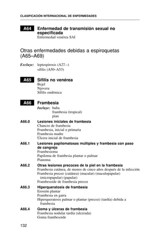 A64 Enfermedad de transmisión sexual no
especificada
Enfermedad venérea SAI
Otras enfermedades debidas a espiroquetas
(A65–A69)
Excluye: leptospirosis (A27.–)
sífilis (A50–A53)
A65 Sífilis no venérea
Bejel
Njovera
Sífilis endémica
A66 Frambesia
Incluye: buba
frambesia (tropical)
pian
A66.0 Lesiones iniciales de frambesia
Chancro de frambesia
Frambesia, inicial o primaria
Frambesia madre
Úlcera inicial de frambesia
A66.1 Lesiones papilomatosas múltiples y frambesia con paso
de cangrejo
Frambesioma
Papiloma de frambesia plantar o palmar
Pianoma
A66.2 Otras lesiones precoces de la piel en la frambesia
Frambesia cutánea, de menos de cinco años después de la infección
Frambesia precoz (cutánea) (macular) (maculopapular)
(micropapular) (papular)
Frambesoide de frambesia precoz
A66.3 Hiperqueratosis de frambesia
Erosión plantar
Frambesia en garra
Hiperqueratosis palmar o plantar (precoz) (tardía) debida a
frambesia
A66.4 Goma y úlceras de frambesia
Frambesia nodular tardía (ulcerada)
Goma frambesoide
CLASIFICACIÓN INTERNACIONAL DE ENFERMEDADES
132
 