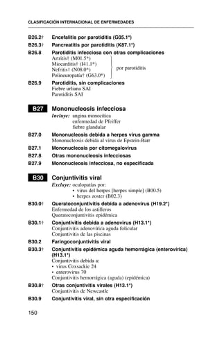 B26.2† Encefalitis por parotiditis (G05.1*)
B26.3† Pancreatitis por parotiditis (K87.1*)
B26.8 Parotiditis infecciosa con otras complicaciones
Artritis† (M01.5*)
Miocarditis† (I41.1*)
Nefritis† (N08.0*)
Polineuropatía† (G63.0*)
B26.9 Parotiditis, sin complicaciones
Fiebre urliana SAI
Parotiditis SAI
B27 Mononucleosis infecciosa
Incluye: angina monocítica
enfermedad de Pfeiffer
fiebre glandular
B27.0 Mononucleosis debida a herpes virus gamma
Mononucleosis debida al virus de Epstein-Barr
B27.1 Mononucleosis por citomegalovirus
B27.8 Otras mononucleosis infecciosas
B27.9 Mononucleosis infecciosa, no especificada
B30 Conjuntivitis viral
Excluye: oculopatías por:
• virus del herpes [herpes simple] (B00.5)
• herpes zoster (B02.3)
B30.0† Queratoconjuntivitis debida a adenovirus (H19.2*)
Enfermedad de los astilleros
Queratoconjuntivitis epidémica
B30.1† Conjuntivitis debida a adenovirus (H13.1*)
Conjuntivitis adenovírica aguda folicular
Conjuntivitis de las piscinas
B30.2 Faringoconjuntivitis viral
B30.3† Conjuntivitis epidémica aguda hemorrágica (enterovírica)
(H13.1*)
Conjuntivitis debida a:
• virus Coxsackie 24
• enterovirus 70
Conjuntivitis hemorrágica (aguda) (epidémica)
B30.8† Otras conjuntivitis virales (H13.1*)
Conjuntivitis de Newcastle
B30.9 Conjuntivitis viral, sin otra especificación
CLASIFICACIÓN INTERNACIONAL DE ENFERMEDADES
150
por parotiditis
⎫
⎪
⎬
⎪
⎭
 