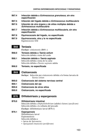 B67.4 Infección debida a Echinococcus granulosus, sin otra
especificación
B67.5 Infección del hígado debida a Echinococcus multilocularis
B67.6 Infección de otro órgano y de sitios múltiples debida a
Echinococcus multilocularis
B67.7 Infección debida a Echinococcus multilocularis, sin otra
especificación
B67.8 Equinococosis del hígado, no especificada
B67.9 Equinococosis, otra y la no especificada
Equinococosis SAI
B68 Teniasis
Excluye: cisticercosis (B69.–)
B68.0 Teniasis debida a Taenia solium
Infección debida a tenia del cerdo
B68.1 Infección debida a Taenia saginata
Infección debida a tenia de la carne
Infección debida a Taenia saginata adulta
B68.9 Teniasis, no especificada
B69 Cisticercosis
Incluye: Infección por cisticercosis debida a la forma larvaria de
Taenia solium
B69.0 Cisticercosis del sistema nervioso central
B69.1 Cisticercosis del ojo
B69.8 Cisticercosis de otros sitios
B69.9 Cisticercosis, no especificada
B70 Difilobotriasis y esparganosis
B70.0 Difilobotriasis intestinal
Infección debida a Diphyllobothrium (adulto) (latum) (pacificum)
Infección debida a la solitaria del pescado
Excluye: difilobotriasis larval (B70.1)
B70.1 Esparganosis
Difilobotriasis larval
Espirometrosis
Infección debida a:
• larvas de Spirometra
• Sparganum (mansoni) (proliferum)
CIERTAS ENFERMEDADES INFECCIOSAS Y PARASITARIAS
163
 