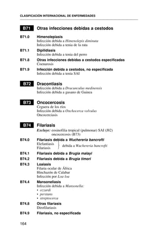 B71 Otras infecciones debidas a cestodos
B71.0 Himenolepiasis
Infección debida a Himenolepis diminuta
Infección debida a tenia de la rata
B71.1 Dipilidiasis
Infección debida a tenia del perro
B71.8 Otras infecciones debidas a cestodos especificadas
Coenurosis
B71.9 Infección debida a cestodos, no especificada
Infección debida a tenia SAI
B72 Dracontiasis
Infección debida a Dracunculus medinensis
Infección debida a gusano de Guinea
B73 Oncocercosis
Ceguera de los ríos
Infección debida a Onchocerca volvulus
Oncocerciasis
B74 Filariasis
Excluye: eosinofilia tropical (pulmonar) SAI (J82)
oncocercosis (B73)
B74.0 Filariasis debida a Wuchereria bancrofti
Elefantiasis
Filariasis
B74.1 Filariasis debida a Brugia malayi
B74.2 Filariasis debida a Brugia timori
B74.3 Loaiasis
Filaria ocular de África
Hinchazón de Calabar
Infección por Loa loa
B74.4 Mansoneliasis
Infección debida a Mansonella:
• ozzardi
• perstans
• streptocerca
B74.8 Otras filariasis
Dirofilariasis
B74.9 Filariasis, no especificada
CLASIFICACIÓN INTERNACIONAL DE ENFERMEDADES
164
debida a Wuchereria bancrofti
⎫
⎬
⎭
 