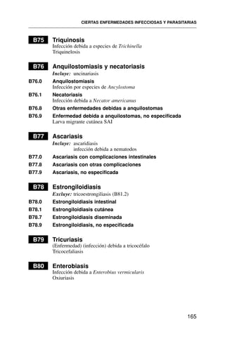 B75 Triquinosis
Infección debida a especies de Trichinella
Triquinelosis
B76 Anquilostomiasis y necatoriasis
Incluye: uncinariasis
B76.0 Anquilostomiasis
Infección por especies de Ancylostoma
B76.1 Necatoriasis
Infección debida a Necator americanus
B76.8 Otras enfermedades debidas a anquilostomas
B76.9 Enfermedad debida a anquilostomas, no especificada
Larva migrante cutánea SAI
B77 Ascariasis
Incluye: ascaridiasis
infección debida a nematodos
B77.0 Ascariasis con complicaciones intestinales
B77.8 Ascariasis con otras complicaciones
B77.9 Ascariasis, no especificada
B78 Estrongiloidiasis
Excluye: tricoestrongiliasis (B81.2)
B78.0 Estrongiloidiasis intestinal
B78.1 Estrongiloidiasis cutánea
B78.7 Estrongiloidiasis diseminada
B78.9 Estrongiloidiasis, no especificada
B79 Tricuriasis
(Enfermedad) (infección) debida a tricocéfalo
Tricocefaliasis
B80 Enterobiasis
Infección debida a Enterobius vermicularis
Oxiuriasis
CIERTAS ENFERMEDADES INFECCIOSAS Y PARASITARIAS
165
 