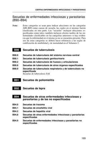 Secuelas de enfermedades infecciosas y parasitarias
(B90–B94)
Nota: Estas categorías se usan para indicar afecciones en las categorías
A00–B89 como causas de secuela, las cuales en sí mismas fueron
clasificadas en otra parte. Las “secuelas” incluyen afecciones es-
pecificadas como tales; también incluyen efectos tardíos de las en-
fermedades clasificables en las categorías anteriores si hay eviden-
cia que la enfermedad en sí misma ya no se encuentra presente. Para
uso de estas categorías se deberá hacer referencia a las reglas de
codificación de morbilidad y de mortalidad en el Volumen 2.
B90 Secuelas de tuberculosis
B90.0 Secuelas de tuberculosis del sistema nervioso central
B90.1 Secuelas de tuberculosis genitourinaria
B90.2 Secuelas de tuberculosis de huesos y articulaciones
B90.8 Secuelas de tuberculosis de otros órganos especificados
B90.9 Secuelas de tuberculosis respiratoria y de tuberculosis no
especificada
Secuelas de tuberculosis SAI
B91 Secuelas de poliomielitis
B92 Secuelas de lepra
B94 Secuelas de otras enfermedades infecciosas y
parasitarias y de las no especificadas
B94.0 Secuelas de tracoma
B94.1 Secuelas de encefalitis viral
B94.2 Secuelas de hepatitis viral
B94.8 Secuelas de otras enfermedades infecciosas y parasitarias
especificadas
B94.9 Secuelas de enfermedades infecciosas y parasitarias no
especificadas
CIERTAS ENFERMEDADES INFECCIOSAS Y PARASITARIAS
169
 