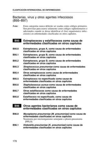Bacterias, virus y otros agentes infecciosos
(B95–B97)
Nota: Estas categorías nunca deberán ser usadas como códigos primarios.
Son provistas para usarse solamente como códigos suplementarios o
adicionales cuando se desea identificar el (los) organismo(s) infec-
cioso(s) en enfermedades clasificadas en otros capítulos.
B95 Estreptococos y estafilococos como causa de
enfermedades clasificadas en otros capítulos
B95.0 Estreptococo, grupo A, como causa de enfermedades
clasificadas en otros capítulos
B95.1 Estreptococo, grupo B, como causa de enfermedades
clasificadas en otros capítulos
B95.2 Estreptococo, grupo D, como causa de enfermedades
clasificadas en otros capítulos
B95.3 Streptococcus pneumoniae como causa de enfermedades
clasificadas en otros capítulos
B95.4 Otros estreptococos como causa de enfermedades
clasificadas en otros capítulos
B95.5 Estreptococo no especificado como causa de
enfermedades clasificadas en otros capítulos
B95.6 Staphylococcus aureus como causa de enfermedades
clasificadas en otros capítulos
B95.7 Otros estafilococos como causa de enfermedades
clasificadas en otros capítulos
B95.8 Estafilococo no especificado, como causa de
enfermedades clasificadas en otros capítulos
B96 Otros agentes bacterianos como causa de
enfermedades clasificadas en otros capítulos
B96.0 Mycoplasma pneumoniae [M. pneumoniae] como causa de
enfermedades clasificadas en otros capítulos
Neumonía por microorganismo semejante a pleuro-pneumonía
[PPLO]
B96.1 Klebsiella pneumoniae [K. pneumoniae] como causa de
enfermedades clasificadas en otros capítulos
CLASIFICACIÓN INTERNACIONAL DE ENFERMEDADES
170
 