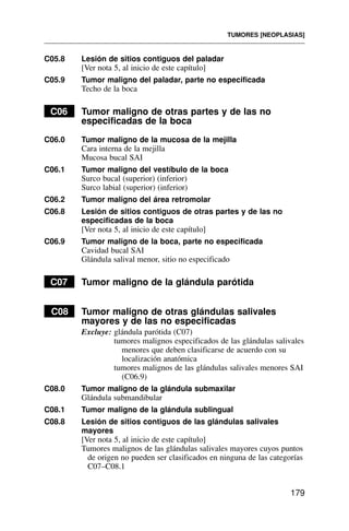 C05.8 Lesión de sitios contiguos del paladar
[Ver nota 5, al inicio de este capítulo]
C05.9 Tumor maligno del paladar, parte no especificada
Techo de la boca
C06 Tumor maligno de otras partes y de las no
especificadas de la boca
C06.0 Tumor maligno de la mucosa de la mejilla
Cara interna de la mejilla
Mucosa bucal SAI
C06.1 Tumor maligno del vestíbulo de la boca
Surco bucal (superior) (inferior)
Surco labial (superior) (inferior)
C06.2 Tumor maligno del área retromolar
C06.8 Lesión de sitios contiguos de otras partes y de las no
especificadas de la boca
[Ver nota 5, al inicio de este capítulo]
C06.9 Tumor maligno de la boca, parte no especificada
Cavidad bucal SAI
Glándula salival menor, sitio no especificado
C07 Tumor maligno de la glándula parótida
C08 Tumor maligno de otras glándulas salivales
mayores y de las no especificadas
Excluye: glándula parótida (C07)
tumores malignos especificados de las glándulas salivales
menores que deben clasificarse de acuerdo con su
localización anatómica
tumores malignos de las glándulas salivales menores SAI
(C06.9)
C08.0 Tumor maligno de la glándula submaxilar
Glándula submandibular
C08.1 Tumor maligno de la glándula sublingual
C08.8 Lesión de sitios contiguos de las glándulas salivales
mayores
[Ver nota 5, al inicio de este capítulo]
Tumores malignos de las glándulas salivales mayores cuyos puntos
de origen no pueden ser clasificados en ninguna de las categorías
C07–C08.1
TUMORES [NEOPLASIAS]
179
 