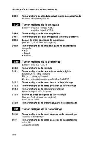 C08.9 Tumor maligno de glándula salival mayor, no especificada
Glándula salival (mayor) SAI
C09 Tumor maligno de la amígdala
Excluye: amígdala faríngea (C11.1)
amígdala lingual (C02.4)
C09.0 Tumor maligno de la fosa amigdalina
C09.1 Tumor maligno del pilar amigdalino (anterior) (posterior)
C09.8 Lesión de sitios contiguos de la amígdala
[Ver nota 5, al inicio de este capítulo]
C09.9 Tumor maligno de la amígdala, parte no especificada
Amígdala:
• SAI
• Faucal
• Palatina
C10 Tumor maligno de la orofaringe
Excluye: amígdala (C09.–)
C10.0 Tumor maligno de la valécula
C10.1 Tumor maligno de la cara anterior de la epiglotis
Epiglotis, borde libre [margen]
Pliegue(s) glosoepiglótico(s)
Excluye: epiglotis (porción suprahioidea) SAI (C32.1)
C10.2 Tumor maligno de la pared lateral de la orofaringe
C10.3 Tumor maligno de la pared posterior de la orofaringe
C10.4 Tumor maligno de la hendidura branquial
Quiste branquial [sitio del tumor]
C10.8 Lesión de sitios contiguos de la orofaringe
[Ver nota 5, al inicio de este capítulo]
Istmo de las fauces
C10.9 Tumor maligno de la orofaringe, parte no especificada
C11 Tumor maligno de la nasofaringe
C11.0 Tumor maligno de la pared superior de la nasofaringe
Techo de la nasofaringe
C11.1 Tumor maligno de la pared posterior de la nasofaringe
Adenoide
Amígdala faríngea
CLASIFICACIÓN INTERNACIONAL DE ENFERMEDADES
180
 