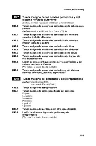 C47 Tumor maligno de los nervios periféricos y del
sistema nervioso autónomo
Incluye: nervios y ganglios simpáticos y parasimpáticos
C47.0 Tumor maligno de los nervios periféricos de la cabeza, cara
y cuello
Excluye: nervios periféricos de la órbita (C69.6)
C47.1 Tumor maligno de los nervios periféricos del miembro
superior, incluido el hombro
C47.2 Tumor maligno de los nervios periféricos del miembro
inferior, incluida la cadera
C47.3 Tumor maligno de los nervios periféricos del tórax
C47.4 Tumor maligno de los nervios periféricos del abdomen
C47.5 Tumor maligno de los nervios periféricos de la pelvis
C47.6 Tumor maligno de los nervios periféricos del tronco, sin
otra especificación
C47.8 Lesión de sitios contiguos de los nervios periféricos y del
sistema nervioso autónomo
[Ver nota 5, al inicio de este capítulo]
C47.9 Tumor maligno de los nervios periféricos y del sistema
nervioso autónomo, parte no especificada
C48 Tumor maligno del peritoneo y del retroperitoneo
Excluye: mesotelioma (C45.–)
sarcoma de Kaposi (C46.1)
C48.0 Tumor maligno del retroperitoneo
C48.1 Tumor maligno de parte especificada del peritoneo
Epiplón
Mesenterio
Mesocolon
Peritoneo:
• parietal
• pélvico
C48.2 Tumor maligno del peritoneo, sin otra especificación
C48.8 Lesión de sitios contiguos del peritoneo y del
retroperitoneo
[Ver nota 5, al inicio de este capítulo]
TUMORES [NEOPLASIAS]
193
 