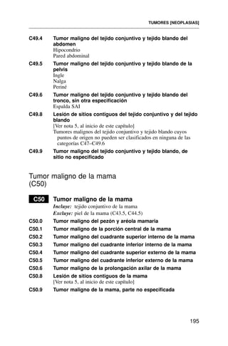 C49.4 Tumor maligno del tejido conjuntivo y tejido blando del
abdomen
Hipocondrio
Pared abdominal
C49.5 Tumor maligno del tejido conjuntivo y tejido blando de la
pelvis
Ingle
Nalga
Periné
C49.6 Tumor maligno del tejido conjuntivo y tejido blando del
tronco, sin otra especificación
Espalda SAI
C49.8 Lesión de sitios contiguos del tejido conjuntivo y del tejido
blando
[Ver nota 5, al inicio de este capítulo]
Tumores malignos del tejido conjuntivo y tejido blando cuyos
puntos de origen no pueden ser clasificados en ninguna de las
categorías C47–C49.6
C49.9 Tumor maligno del tejido conjuntivo y tejido blando, de
sitio no especificado
Tumor maligno de la mama
(C50)
C50 Tumor maligno de la mama
Incluye: tejido conjuntivo de la mama
Excluye: piel de la mama (C43.5, C44.5)
C50.0 Tumor maligno del pezón y aréola mamaria
C50.1 Tumor maligno de la porción central de la mama
C50.2 Tumor maligno del cuadrante superior interno de la mama
C50.3 Tumor maligno del cuadrante inferior interno de la mama
C50.4 Tumor maligno del cuadrante superior externo de la mama
C50.5 Tumor maligno del cuadrante inferior externo de la mama
C50.6 Tumor maligno de la prolongación axilar de la mama
C50.8 Lesión de sitios contiguos de la mama
[Ver nota 5, al inicio de este capítulo]
C50.9 Tumor maligno de la mama, parte no especificada
TUMORES [NEOPLASIAS]
195
 