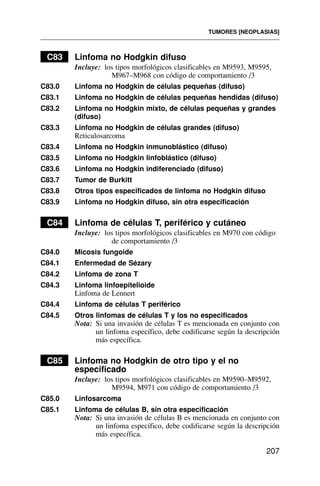 C83 Linfoma no Hodgkin difuso
Incluye: los tipos morfológicos clasificables en M9593, M9595,
M967–M968 con código de comportamiento /3
C83.0 Linfoma no Hodgkin de células pequeñas (difuso)
C83.1 Linfoma no Hodgkin de células pequeñas hendidas (difuso)
C83.2 Linfoma no Hodgkin mixto, de células pequeñas y grandes
(difuso)
C83.3 Linfoma no Hodgkin de células grandes (difuso)
Reticulosarcoma
C83.4 Linfoma no Hodgkin inmunoblástico (difuso)
C83.5 Linfoma no Hodgkin linfoblástico (difuso)
C83.6 Linfoma no Hodgkin indiferenciado (difuso)
C83.7 Tumor de Burkitt
C83.8 Otros tipos especificados de linfoma no Hodgkin difuso
C83.9 Linfoma no Hodgkin difuso, sin otra especificación
C84 Linfoma de células T, periférico y cutáneo
Incluye: los tipos morfológicos clasificables en M970 con código
de comportamiento /3
C84.0 Micosis fungoide
C84.1 Enfermedad de Sézary
C84.2 Linfoma de zona T
C84.3 Linfoma linfoepitelioide
Linfoma de Lennert
C84.4 Linfoma de células T periférico
C84.5 Otros linfomas de células T y los no especificados
Nota: Si una invasión de células T es mencionada en conjunto con
un linfoma específico, debe codificarse según la descripción
más específica.
C85 Linfoma no Hodgkin de otro tipo y el no
especificado
Incluye: los tipos morfológicos clasificables en M9590–M9592,
M9594, M971 con código de comportamiento /3
C85.0 Linfosarcoma
C85.1 Linfoma de células B, sin otra especificación
Nota: Si una invasión de células B es mencionada en conjunto con
un linfoma específico, debe codificarse según la descripción
más específica.
TUMORES [NEOPLASIAS]
207
 