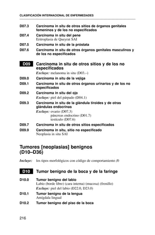 D07.3 Carcinoma in situ de otros sitios de órganos genitales
femeninos y de los no especificados
D07.4 Carcinoma in situ del pene
Eritroplasia de Queyrat SAI
D07.5 Carcinoma in situ de la próstata
D07.6 Carcinoma in situ de otros órganos genitales masculinos y
de los no especificados
D09 Carcinoma in situ de otros sitios y de los no
especificados
Excluye: melanoma in situ (D03.–)
D09.0 Carcinoma in situ de la vejiga
D09.1 Carcinoma in situ de otros órganos urinarios y de los no
especificados
D09.2 Carcinoma in situ del ojo
Excluye: piel del párpado (D04.1)
D09.3 Carcinoma in situ de la glándula tiroides y de otras
glándulas endocrinas
Excluye: ovario (D07.3)
páncreas endocrino (D01.7)
testículo (D07.6)
D09.7 Carcinoma in situ de otros sitios especificados
D09.9 Carcinoma in situ, sitio no especificado
Neoplasia in situ SAI
Tumores [neoplasias] benignos
(D10–D36)
Incluye: los tipos morfológicos con código de comportamiento /0
D10 Tumor benigno de la boca y de la faringe
D10.0 Tumor benigno del labio
Labio (borde libre) (cara interna) (mucosa) (frenillo)
Excluye: piel del labio (D22.0, D23.0)
D10.1 Tumor benigno de la lengua
Amígdala lingual
D10.2 Tumor benigno del piso de la boca
CLASIFICACIÓN INTERNACIONAL DE ENFERMEDADES
216
 
