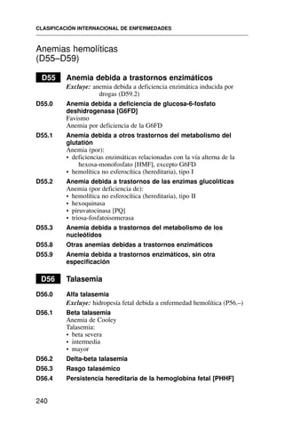Anemias hemolíticas
(D55–D59)
D55 Anemia debida a trastornos enzimáticos
Excluye: anemia debida a deficiencia enzimática inducida por
drogas (D59.2)
D55.0 Anemia debida a deficiencia de glucosa-6-fosfato
deshidrogenasa [G6FD]
Favismo
Anemia por deficiencia de la G6FD
D55.1 Anemia debida a otros trastornos del metabolismo del
glutatión
Anemia (por):
• deficiencias enzimáticas relacionadas con la vía alterna de la
hexosa-monofosfato [HMF], excepto G6FD
• hemolítica no esferocítica (hereditaria), tipo I
D55.2 Anemia debida a trastornos de las enzimas glucolíticas
Anemia (por deficiencia de):
• hemolítica no esferocítica (hereditaria), tipo II
• hexoquinasa
• piruvatocinasa [PQ]
• triosa-fosfatoisomerasa
D55.3 Anemia debida a trastornos del metabolismo de los
nucleótidos
D55.8 Otras anemias debidas a trastornos enzimáticos
D55.9 Anemia debida a trastornos enzimáticos, sin otra
especificación
D56 Talasemia
D56.0 Alfa talasemia
Excluye: hidropesía fetal debida a enfermedad hemolítica (P56.–)
D56.1 Beta talasemia
Anemia de Cooley
Talasemia:
• beta severa
• intermedia
• mayor
D56.2 Delta-beta talasemia
D56.3 Rasgo talasémico
D56.4 Persistencia hereditaria de la hemoglobina fetal [PHHF]
CLASIFICACIÓN INTERNACIONAL DE ENFERMEDADES
240
 