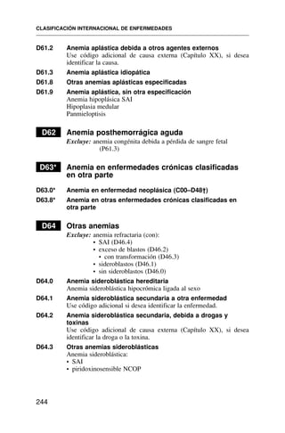 D61.2 Anemia aplástica debida a otros agentes externos
Use código adicional de causa externa (Capítulo XX), si desea
identificar la causa.
D61.3 Anemia aplástica idiopática
D61.8 Otras anemias aplásticas especificadas
D61.9 Anemia aplástica, sin otra especificación
Anemia hipoplásica SAI
Hipoplasia medular
Panmieloptisis
D62 Anemia posthemorrágica aguda
Excluye: anemia congénita debida a pérdida de sangre fetal
(P61.3)
D63* Anemia en enfermedades crónicas clasificadas
en otra parte
D63.0* Anemia en enfermedad neoplásica (C00–D48†)
D63.8* Anemia en otras enfermedades crónicas clasificadas en
otra parte
D64 Otras anemias
Excluye: anemia refractaria (con):
• SAI (D46.4)
• exceso de blastos (D46.2)
• con transformación (D46.3)
• sideroblastos (D46.1)
• sin sideroblastos (D46.0)
D64.0 Anemia sideroblástica hereditaria
Anemia sideroblástica hipocrómica ligada al sexo
D64.1 Anemia sideroblástica secundaria a otra enfermedad
Use código adicional si desea identificar la enfermedad.
D64.2 Anemia sideroblástica secundaria, debida a drogas y
toxinas
Use código adicional de causa externa (Capítulo XX), si desea
identificar la droga o la toxina.
D64.3 Otras anemias sideroblásticas
Anemia sideroblástica:
• SAI
• piridoxinosensible NCOP
CLASIFICACIÓN INTERNACIONAL DE ENFERMEDADES
244
 