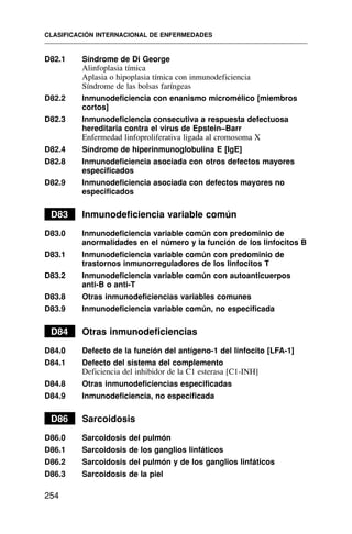 D82.1 Síndrome de Di George
Alinfoplasia tímica
Aplasia o hipoplasia tímica con inmunodeficiencia
Síndrome de las bolsas faríngeas
D82.2 Inmunodeficiencia con enanismo micromélico [miembros
cortos]
D82.3 Inmunodeficiencia consecutiva a respuesta defectuosa
hereditaria contra el virus de Epstein–Barr
Enfermedad linfoproliferativa ligada al cromosoma X
D82.4 Síndrome de hiperinmunoglobulina E [IgE]
D82.8 Inmunodeficiencia asociada con otros defectos mayores
especificados
D82.9 Inmunodeficiencia asociada con defectos mayores no
especificados
D83 Inmunodeficiencia variable común
D83.0 Inmunodeficiencia variable común con predominio de
anormalidades en el número y la función de los linfocitos B
D83.1 Inmunodeficiencia variable común con predominio de
trastornos inmunorreguladores de los linfocitos T
D83.2 Inmunodeficiencia variable común con autoanticuerpos
anti-B o anti-T
D83.8 Otras inmunodeficiencias variables comunes
D83.9 Inmunodeficiencia variable común, no especificada
D84 Otras inmunodeficiencias
D84.0 Defecto de la función del antígeno-1 del linfocito [LFA-1]
D84.1 Defecto del sistema del complemento
Deficiencia del inhibidor de la C1 esterasa [C1-INH]
D84.8 Otras inmunodeficiencias especificadas
D84.9 Inmunodeficiencia, no especificada
D86 Sarcoidosis
D86.0 Sarcoidosis del pulmón
D86.1 Sarcoidosis de los ganglios linfáticos
D86.2 Sarcoidosis del pulmón y de los ganglios linfáticos
D86.3 Sarcoidosis de la piel
CLASIFICACIÓN INTERNACIONAL DE ENFERMEDADES
254
 