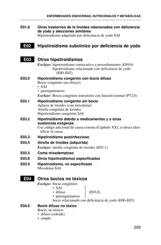 E01.8 Otros trastornos de la tiroides relacionados con deficiencia
de yodo y afecciones similares
Hipotiroidismo adquirido por deficiencia de yodo SAI
E02 Hipotiroidismo subclínico por deficiencia de yodo
E03 Otros hipotiroidismos
Excluye: hipotiroidismo consecutivo a procedimientos (E89.0)
hipotiroidismo relacionado con deficiencia de yodo
(E00–E02)
E03.0 Hipotiroidismo congénito con bocio difuso
Bocio congénito (no tóxico):
• SAI
• parenquimatoso
Excluye: Bocio congénito transitorio con función normal (P72.0)
E03.1 Hipotiroidismo congénito sin bocio
Aplasia de tiroides (con mixedema)
Atrofia congénita de tiroides
Hipotiroidismo congénito SAI
E03.2 Hipotiroidismo debido a medicamentos y a otras
sustancias exógenas
Use código adicional de causa externa (Capítulo XX), si desea iden-
tificar la causa.
E03.3 Hipotiroidismo postinfeccioso
E03.4 Atrofia de tiroides (adquirida)
Excluye: atrofia congénita de tiroides (E03.1)
E03.5 Coma mixedematoso
E03.8 Otros hipotiroidismos especificados
E03.9 Hipotiroidismo, no especificado
Mixedema SAI
E04 Otros bocios no tóxicos
Excluye: bocio congénito:
• SAI
• difuso (E03.0)
• parenquimatoso
bocio relacionado con deficiencia de yodo (E00–E02)
E04.0 Bocio difuso no tóxico
Bocio, no tóxico:
• difuso (coloide)
• simple
ENFERMEDADES ENDOCRINAS, NUTRICIONALES Y METABÓLICAS
259
⎫
⎪
⎬
⎪
⎭
 