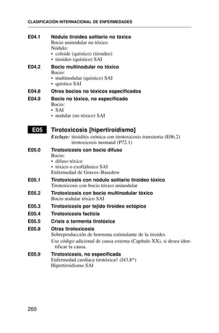 E04.1 Nódulo tiroideo solitario no tóxico
Bocio uninodular no tóxico
Nódulo:
• coloide (quístico) (tiroideo)
• tiroideo (quístico) SAI
E04.2 Bocio multinodular no tóxico
Bocio:
• multinodular (quístico) SAI
• quístico SAI
E04.8 Otros bocios no tóxicos especificados
E04.9 Bocio no tóxico, no especificado
Bocio:
• SAI
• nodular (no tóxico) SAI
E05 Tirotoxicosis [hipertiroidismo]
Excluye: tiroiditis crónica con tirotoxicosis transitoria (E06.2)
tirotoxicosis neonatal (P72.1)
E05.0 Tirotoxicosis con bocio difuso
Bocio:
• difuso tóxico
• tóxico o exoftálmico SAI
Enfermedad de Graves–Basedow
E05.1 Tirotoxicosis con nódulo solitario tiroideo tóxico
Tirotoxicosis con bocio tóxico uninodular
E05.2 Tirotoxicosis con bocio multinodular tóxico
Bocio nodular tóxico SAI
E05.3 Tirotoxicosis por tejido tiroideo ectópico
E05.4 Tirotoxicosis facticia
E05.5 Crisis o tormenta tirotóxica
E05.8 Otras tirotoxicosis
Sobreproducción de hormona estimulante de la tiroides
Use código adicional de causa externa (Capítulo XX), si desea iden-
tificar la causa.
E05.9 Tirotoxicosis, no especificada
Enfermedad cardíaca tirotóxica† (I43.8*)
Hipertiroidismo SAI
CLASIFICACIÓN INTERNACIONAL DE ENFERMEDADES
260
 