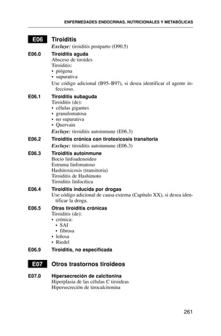 E06 Tiroiditis
Excluye: tiroiditis postparto (O90.5)
E06.0 Tiroiditis aguda
Absceso de tiroides
Tiroiditis:
• piógena
• supurativa
Use código adicional (B95–B97), si desea identificar el agente in-
feccioso.
E06.1 Tiroiditis subaguda
Tiroiditis (de):
• células gigantes
• granulomatosa
• no supurativa
• Quervain
Excluye: tiroiditis autoinmune (E06.3)
E06.2 Tiroiditis crónica con tirotoxicosis transitoria
Excluye: tiroiditis autoinmune (E06.3)
E06.3 Tiroiditis autoinmune
Bocio linfoadenoideo
Estruma linfomatoso
Hashitoxicosis (transitoria)
Tiroiditis de Hashimoto
Tiroiditis linfocítica
E06.4 Tiroiditis inducida por drogas
Use código adicional de causa externa (Capítulo XX), si desea iden-
tificar la droga.
E06.5 Otras tiroiditis crónicas
Tiroiditis (de):
• crónica:
• SAI
• fibrosa
• leñosa
• Riedel
E06.9 Tiroiditis, no especificada
E07 Otros trastornos tiroideos
E07.0 Hipersecreción de calcitonina
Hiperplasia de las células C tiroideas
Hipersecreción de tirocalcitonina
ENFERMEDADES ENDOCRINAS, NUTRICIONALES Y METABÓLICAS
261
 