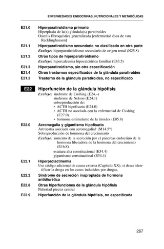 ENFERMEDADES ENDOCRINAS, NUTRICIONALES Y METABÓLICAS
267
E21.0 Hiperparatiroidismo primario
Hiperplasia de la(s) glándula(s) paratiroides
Osteítis fibroquística generalizada [enfermedad ósea de von
Recklinghausen]
E21.1 Hiperparatiroidismo secundario no clasificado en otra parte
Excluye: hiperparatiroidismo secundario de origen renal (N25.8)
E21.2 Otros tipos de hiperparatiroidismo
Excluye: hipercalcemia hipocalciúrica familiar (E83.5)
E21.3 Hiperparatiroidismo, sin otra especificación
E21.4 Otros trastornos especificados de la glándula paratiroides
E21.5 Trastorno de la glándula paratiroides, no especificado
E22 Hiperfunción de la glándula hipófisis
Excluye: síndrome de Cushing (E24.–)
síndrome de Nelson (E24.1)
sobreproducción de:
• ACTH hipofisaria (E24.0)
• ACTH no asociada con la enfermedad de Cushing
(E27.0)
• hormona estimulante de la tiroides (E05.8)
E22.0 Acromegalia y gigantismo hipofisario
Artropatía asociada con acromegalia† (M14.5*)
Sobreproducción de hormona del crecimiento
Excluye: aumento de la secreción por el páncreas endocrino de la
hormona liberadora de la hormona del crecimiento
(E16.8)
estatura alta constitucional (E34.4)
gigantismo constitucional (E34.4)
E22.1 Hiperprolactinemia
Use código adicional de causa externa (Capítulo XX), si desea iden-
tificar la droga en los casos inducidos por drogas.
E22.2 Síndrome de secreción inapropiada de hormona
antidiurética
E22.8 Otras hiperfunciones de la glándula hipófisis
Pubertad precoz central
E22.9 Hiperfunción de la glándula hipófisis, no especificada
 