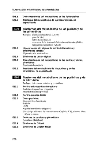 E78.8 Otros trastornos del metabolismo de las lipoproteínas
E78.9 Trastorno del metabolismo de las lipoproteínas, no
especificado
E79 Trastornos del metabolismo de las purinas y de
las pirimidinas
Excluye: anemia orotacidúrica (D53.0)
gota (M10.–)
nefrolitiasis (N20.0)
trastornos de la inmunodeficiencia combinados (D81.–)
xeroderma pigmentoso (Q82.1)
E79.0 Hiperuricemia sin signos de artritis inflamatoria y
enfermedad tofácea
Hiperuricemia asintomática
E79.1 Síndrome de Lesch–Nyhan
E79.8 Otros trastornos del metabolismo de las purinas y de las
pirimidinas
Xantinuria hereditaria
E79.9 Trastorno del metabolismo de las purinas y de las
pirimidinas, no especificado
E80 Trastornos del metabolismo de las porfirinas y de
la bilirrubina
Incluye: defectos de catalasa y peroxidasa
E80.0 Porfiria eritropoyética hereditaria
Porfiria eritropoyética congénita
Protoporfiria eritropoyética
E80.1 Porfiria cutánea tardía
E80.2 Otras porfirias:
Coproporfiria hereditaria
Porfiria:
• SAI
• aguda intermitente (hepática)
Use código adicional de causa externa (Capítulo XX), si desea iden-
tificar la causa.
E80.3 Defectos de catalasa y peroxidasa
Acatalasia [Takahara]
E80.4 Síndrome de Gilbert
E80.5 Síndrome de Crigler–Najjar
CLASIFICACIÓN INTERNACIONAL DE ENFERMEDADES
288
 