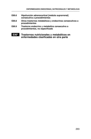 E89.6 Hipofunción adrenocortical [médula suprarrenal]
consecutiva a procedimientos
E89.8 Otros trastornos metabólicos y endocrinos consecutivos a
procedimientos
E89.9 Trastorno endocrino y metabólico consecutivo a
procedimientos, no especificado
E90* Trastornos nutricionales y metabólicos en
enfermedades clasificadas en otra parte
ENFERMEDADES ENDOCRINAS, NUTRICIONALES Y METABÓLICAS
293
 