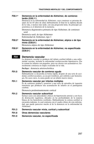 F00.1* Demencia en la enfermedad de Alzheimer, de comienzo
tardío (G30.1†)
Demencia en la enfermedad de Alzheimer, cuyo comienzo se presenta de-
spués de los 65 años de edad, habitualmente al final de la séptima década
de la vida, o incluso más tarde, con una progresión lenta. Su principal car-
acterística es el deterioro de la memoria.
Demencia degenerativa primaria de tipo Alzheimer, de comienzo
senil
Demencia senil, de tipo Alzheimer
Enfermedad de Alzheimer, tipo 1
F00.2* Demencia en la enfermedad de Alzheimer, atípica o de tipo
mixto (G30.8†)
Demencia atípica de tipo Alzheimer
F00.9* Demencia en la enfermedad de Alzheimer, no especificada
(G30.9†)
F01 Demencia vascular
La demencia vascular es producto del infarto cerebral debido a una enfer-
medad vascular, incluida la enfermedad cerebrovascular hipertensiva. Por
lo común los infartos son pequeños, pero sus efectos son acumulativos. Ge-
neralmente comienza en etapas avanzadas de la vida.
Incluye: demencia arteriosclerótica
F01.0 Demencia vascular de comienzo agudo
Habitualmente se desarrolla en forma rápida, después de una serie de acci-
dentes cerebrovasculares, ya sea por trombosis, por embolia o por hemorra-
gia. En casos raros, la causa puede ser un infarto masivo único.
F01.1 Demencia vascular por infartos múltiples
Es de comienzo gradual y posterior a una serie de episodios de isquemia
transitoria que producen una acumulación de infartos en el parénquima
cerebral.
Demencia predominantemente cortical
F01.2 Demencia vascular subcortical
Incluye casos con antecedentes clínicos de hipertensión arterial y con focos
de destrucción isquémica, ubicados en las profundidades de la materia
blanca de los hemisferios cerebrales. Habitualmente la corteza cerebral se
encuentra indemne, lo cual contrasta con el cuadro clínico de esta enferme-
dad, que puede parecerse mucho al de la demencia en la enfermedad de
Alzheimer.
F01.3 Demencia vascular mixta, cortical y subcortical
F01.8 Otras demencias vasculares
F01.9 Demencia vascular, no especificada
TRASTORNOS MENTALES Y DEL COMPORTAMIENTO
297
 