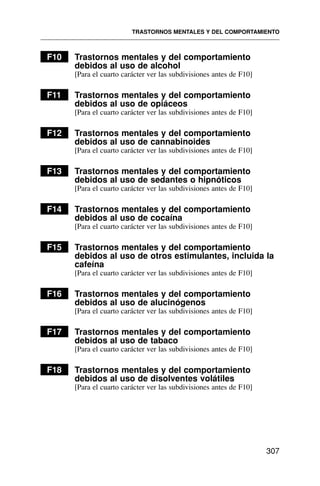 F10 Trastornos mentales y del comportamiento
debidos al uso de alcohol
[Para el cuarto carácter ver las subdivisiones antes de F10]
F11 Trastornos mentales y del comportamiento
debidos al uso de opiáceos
[Para el cuarto carácter ver las subdivisiones antes de F10]
F12 Trastornos mentales y del comportamiento
debidos al uso de cannabinoides
[Para el cuarto carácter ver las subdivisiones antes de F10]
F13 Trastornos mentales y del comportamiento
debidos al uso de sedantes o hipnóticos
[Para el cuarto carácter ver las subdivisiones antes de F10]
F14 Trastornos mentales y del comportamiento
debidos al uso de cocaína
[Para el cuarto carácter ver las subdivisiones antes de F10]
F15 Trastornos mentales y del comportamiento
debidos al uso de otros estimulantes, incluida la
cafeína
[Para el cuarto carácter ver las subdivisiones antes de F10]
F16 Trastornos mentales y del comportamiento
debidos al uso de alucinógenos
[Para el cuarto carácter ver las subdivisiones antes de F10]
F17 Trastornos mentales y del comportamiento
debidos al uso de tabaco
[Para el cuarto carácter ver las subdivisiones antes de F10]
F18 Trastornos mentales y del comportamiento
debidos al uso de disolventes volátiles
[Para el cuarto carácter ver las subdivisiones antes de F10]
TRASTORNOS MENTALES Y DEL COMPORTAMIENTO
307
 