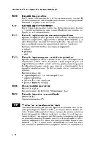 F32.0 Episodio depresivo leve
Por lo común están presentes dos o tres de los síntomas antes descritos. El
paciente generalmente está tenso pero probablemente estará apto para con-
tinuar con la mayoría de sus actividades.
F32.1 Episodio depresivo moderado
Por lo común están presentes cuatro o más de los síntomas antes descritos
y el paciente probablemente tenga grandes dificultades para continuar rea-
lizando sus actividades ordinarias.
F32.2 Episodio depresivo grave sin síntomas psicóticos
Episodio de depresión en el que varios de los síntomas característicos son
marcados y angustiantes, especialmente la pérdida de la autoestima y las
ideas de inutilidad y de culpa. Son frecuentes las ideas y las acciones suici-
das, y usualmente se presenta una cantidad de síntomas “somáticos”.
Episodio único sin síntomas psicóticos de depresión:
• agitada
• profunda
• vital
F32.3 Episodio depresivo grave con síntomas psicóticos
Episodio de depresión similar al descrito en F32.2, pero con la aparición de
alucinaciones, delirios, retraso psicomotor, o de un estupor tan grave que
imposibilita las actividades sociales corrientes; puede generar riesgos para
la vida del paciente, por suicidio o por efecto de la deshidratación o de la
inanición. Las alucinaciones y los delirios pueden o no ser congruentes con
el ánimo.
Episodios únicos de:
• depresión profunda con síntomas psicóticos
• depresión psicótica
• psicosis depresiva psicógena
• psicosis depresiva reactiva
F32.8 Otros episodios depresivos
Depresión atípica
Episodios únicos de depresión “enmascarada” SAI
F32.9 Episodio depresivo, no especificado
Depresión SAI
Trastorno depresivo SAI
F33 Trastorno depresivo recurrente
Trastorno caracterizado por episodios repetidos de depresión, como los des-
critos para el episodio depresivo (F32.–), sin ninguna historia de otros epi-
sodios distintos en los que hubiera habido elevación del ánimo y aumento de
la energía (manía). Sin embargo, puede haber episodios breves de ligera ele-
vación del ánimo y de hiperactividad (hipomanía), inmediatamente después
de un episodio depresivo, los cuales a veces son desencadenados por el tra-
tamiento antidepresivo. Las formas más graves del trastorno depresivo recu-
rrente (F33.2 y F33.3) tienen mucho en común con conceptos más prima-
rios, como los de depresión maníaco-depresiva, melancolía, depresión vital
CLASIFICACIÓN INTERNACIONAL DE ENFERMEDADES
318
 