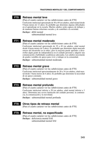 F70 Retraso mental leve
[Para el cuarto carácter ver las subdivisiones antes de F70]
Coeficiente intelectual aproximado de 50 a 69 (en adultos, edad mental desde
9 hasta menos de 12 años). Es probable que determine algunas dificultades
en el aprendizaje en la escuela. Muchos adultos serán capaces de trabajar y
de mantener buenas relaciones sociales y de contribuir a la sociedad.
Incluye: débil mental
subnormalidad mental leve
F71 Retraso mental moderado
[Para el cuarto carácter ver las subdivisiones antes de F70]
Coeficiente intelectual aproximado de 35 a 49 (en adultos, edad mental
desde 6 hasta menos de 9 años). Es probable que determine algún marcado
retraso del desarrollo en la niñez, pero la mayoría puede aprender a desa-
rrollar algún grado de independencia en el cuidado personal y adquirir una
comunicación y habilidades académicas adecuadas. Los adultos necesitarán
de grados variables de apoyo para vivir y trabajar en la comunidad.
Incluye: subnormalidad mental moderada
F72 Retraso mental grave
[Para el cuarto carácter ver las subdivisiones antes de F70]
Coeficiente intelectual aproximadamente de 20 a 34 (en adultos, edad men-
tal desde 3 hasta menos de 6 años). Es probable que determine la necesidad
de un apoyo constante.
Incluye: subnormalidad mental grave
F73 Retraso mental profundo
[Para el cuarto carácter ver las subdivisiones antes de F70]
Coeficiente intelectual inferior a 20 (en adultos, edad mental inferior a 3
años). Determina una severa limitación del cuidado personal, la continen-
cia, la comunicación y la movilidad.
Incluye: subnormalidad mental profunda
F78 Otros tipos de retraso mental
[Para el cuarto carácter ver las subdivisiones antes de F70]
F79 Retraso mental, no especificado
[Para el cuarto carácter ver las subdivisiones antes de F70]
Incluye: deficiencia mental SAI
subnormalidad mental SAI
TRASTORNOS MENTALES Y DEL COMPORTAMIENTO
349
 