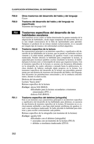 F80.8 Otros trastornos del desarrollo del habla y del lenguaje
Ceceo
F80.9 Trastorno del desarrollo del habla y del lenguaje no
especificado
Trastorno del lenguaje SAI
F81 Trastornos específicos del desarrollo de las
habilidades escolares
Son trastornos en los cuales se hallan deterioradas las pautas normales de la
adquisición de habilidades, desde etapas tempranas del desarrollo. Esto no
es una simple consecuencia de la falta de oportunidades para aprender.
Tampoco es producto de un retraso mental exclusivamente, ni es causado
por ningún tipo de trauma o de enfermedad cerebral adquiridos.
F81.0 Trastorno específico de la lectura
Su característica principal es un deterioro específico y significativo del de-
sarrollo de las habilidades de la lectura, que no puede ser atribuido exclusi-
vamente a la edad mental, problemas de agudeza visual o una enseñanza
inadecuada. Pueden alterarse la habilidad para comprender la lectura, la
capacidad para reconocer palabras escritas (mediante la lectura), la habili-
dad para la lectura oral y el desempeño de tareas que requieren lectura. Con
el trastorno específico de la lectura se asocian con frecuencia dificultades
en la ortografía, las cuales subsisten a menudo hasta la adolescencia, in-
cluso después de haberse realizado algún progreso en la lectura. Los
trastornos específicos del desarrollo de la lectura son precedidos general-
mente por una historia de trastornos del desarrollo del habla o del lenguaje.
Son frecuentes las perturbaciones emocionales y de la conducta concomi-
tantes, durante la edad escolar.
Dislexia del desarrollo
Lectura “hacia atrás”
Retraso específico de la lectura
Excluye: alexia SAI (R48.0)
dificultades para la lectura secundarias a trastornos
emocionales (F93.–)
dislexia SAI (R48.0)
F81.1 Trastorno específico del deletreo [ortografía]
Este es un trastorno cuya característica principal es un deterioro específico
y significativo del desarrollo de las habilidades para deletrear, en ausencia
de una historia de trastorno específico de la lectura. El trastorno no es ex-
clusivamente atribuible a una baja edad mental, problemas de agudeza vi-
sual o una enseñanza inadecuada. Se halla afectada la habilidad para dele-
trear y para escribir correctamente cada palabra.
Retraso específico de la ortografía (sin trastorno de la lectura)
Excluye: agrafia SAI
dificultades con el deletreo [ortografía]:
• asociadas con un trastorno de la lectura (F81.0)
• debidas a enseñanza inadecuada (Z55.8)
CLASIFICACIÓN INTERNACIONAL DE ENFERMEDADES
352
 