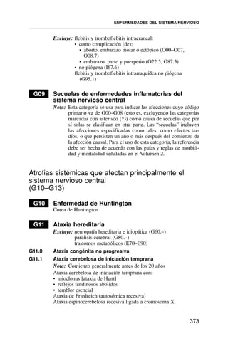 Excluye: flebitis y tromboflebitis intracraneal:
• como complicación (de):
• aborto, embarazo molar o ectópico (O00–O07,
O08.7)
• embarazo, parto y puerperio (O22.5, O87.3)
• no piógena (I67.6)
flebitis y tromboflebitis intrarraquídea no piógena
(G95.1)
G09 Secuelas de enfermedades inflamatorias del
sistema nervioso central
Nota: Esta categoría se usa para indicar las afecciones cuyo código
primario va de G00–G08 (esto es, excluyendo las categorías
marcadas con asterisco (*)) como causa de secuelas que por
sí solas se clasifican en otra parte. Las “secuelas” incluyen
las afecciones especificadas como tales, como efectos tar-
díos, o que persisten un año o más después del comienzo de
la afección causal. Para el uso de esta categoría, la referencia
debe ser hecha de acuerdo con las guías y reglas de morbili-
dad y mortalidad señaladas en el Volumen 2.
Atrofias sistémicas que afectan principalmente el
sistema nervioso central
(G10–G13)
G10 Enfermedad de Huntington
Corea de Huntington
G11 Ataxia hereditaria
Excluye: neuropatía hereditaria e idiopática (G60.–)
parálisis cerebral (G80.–)
trastornos metabólicos (E70–E90)
G11.0 Ataxia congénita no progresiva
G11.1 Ataxia cerebelosa de iniciación temprana
Nota: Comienzo generalmente antes de los 20 años
Ataxia cerebelosa de iniciación temprana con:
• mioclonus [ataxia de Hunt]
• reflejos tendinosos abolidos
• temblor esencial
Ataxia de Friedreich (autosómica recesiva)
Ataxia espinocerebelosa recesiva ligada a cromosoma X
ENFERMEDADES DEL SISTEMA NERVIOSO
373
 