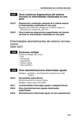G32* Otros trastornos degenerativos del sistema
nervioso en enfermedades clasificadas en otra
parte
G32.0* Degeneración combinada subaguda de la médula espinal
en enfermedades clasificadas en otra parte
Degeneración combinada subaguda de la médula espinal en
deficiencia de vitamina B12 (E53.8†)
G32.8* Otros trastornos degenerativos especificados del sistema
nervioso en enfermedades clasificadas en otra parte
Enfermedades desmielinizantes del sistema nervioso
central
(G35–G37)
G35 Esclerosis múltiple
Esclerosis múltiple (del, de la):
• SAI
• diseminada
• generalizada
• médula espinal
• tallo encefálico
G36 Otras desmielinizaciones diseminadas agudas
Excluye: encefalitis y encefalomielitis postinfecciosas SAI
(G04.8)
G36.0 Neuromielitis óptica [Devic]
Desmielinización en la neuritis óptica
Excluye: neuritis óptica SAI (H46)
G36.1 Leucoencefalitis hemorrágica aguda y subaguda [Hurst]
G36.8 Otras desmielinizaciones agudas diseminadas
especificadas
G36.9 Desmielinización diseminada aguda, sin otra especificación
ENFERMEDADES DEL SISTEMA NERVIOSO
379
 