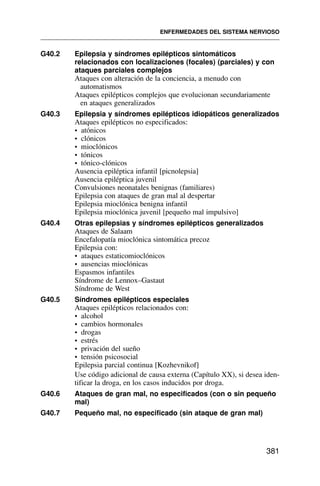G40.2 Epilepsia y síndromes epilépticos sintomáticos
relacionados con localizaciones (focales) (parciales) y con
ataques parciales complejos
Ataques con alteración de la conciencia, a menudo con
automatismos
Ataques epilépticos complejos que evolucionan secundariamente
en ataques generalizados
G40.3 Epilepsia y síndromes epilépticos idiopáticos generalizados
Ataques epilépticos no especificados:
• atónicos
• clónicos
• mioclónicos
• tónicos
• tónico-clónicos
Ausencia epiléptica infantil [picnolepsia]
Ausencia epiléptica juvenil
Convulsiones neonatales benignas (familiares)
Epilepsia con ataques de gran mal al despertar
Epilepsia mioclónica benigna infantil
Epilepsia mioclónica juvenil [pequeño mal impulsivo]
G40.4 Otras epilepsias y síndromes epilépticos generalizados
Ataques de Salaam
Encefalopatía mioclónica sintomática precoz
Epilepsia con:
• ataques estaticomioclónicos
• ausencias mioclónicas
Espasmos infantiles
Síndrome de Lennox–Gastaut
Síndrome de West
G40.5 Síndromes epilépticos especiales
Ataques epilépticos relacionados con:
• alcohol
• cambios hormonales
• drogas
• estrés
• privación del sueño
• tensión psicosocial
Epilepsia parcial continua [Kozhevnikof]
Use código adicional de causa externa (Capítulo XX), si desea iden-
tificar la droga, en los casos inducidos por droga.
G40.6 Ataques de gran mal, no especificados (con o sin pequeño
mal)
G40.7 Pequeño mal, no especificado (sin ataque de gran mal)
ENFERMEDADES DEL SISTEMA NERVIOSO
381
 