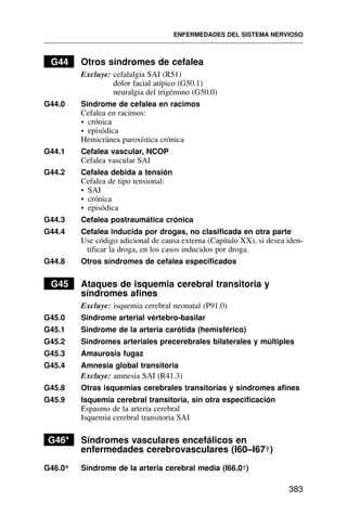 G44 Otros síndromes de cefalea
Excluye: cefalalgia SAI (R51)
dolor facial atípico (G50.1)
neuralgia del trigémino (G50.0)
G44.0 Síndrome de cefalea en racimos
Cefalea en racimos:
• crónica
• episódica
Hemicránea paroxística crónica
G44.1 Cefalea vascular, NCOP
Cefalea vascular SAI
G44.2 Cefalea debida a tensión
Cefalea de tipo tensional:
• SAI
• crónica
• episódica
G44.3 Cefalea postraumática crónica
G44.4 Cefalea inducida por drogas, no clasificada en otra parte
Use código adicional de causa externa (Capítulo XX), si desea iden-
tificar la droga, en los casos inducidos por droga.
G44.8 Otros síndromes de cefalea especificados
G45 Ataques de isquemia cerebral transitoria y
síndromes afines
Excluye: isquemia cerebral neonatal (P91.0)
G45.0 Síndrome arterial vértebro-basilar
G45.1 Síndrome de la arteria carótida (hemisférico)
G45.2 Síndromes arteriales precerebrales bilaterales y múltiples
G45.3 Amaurosis fugaz
G45.4 Amnesia global transitoria
Excluye: amnesia SAI (R41.3)
G45.8 Otras isquemias cerebrales transitorias y síndromes afines
G45.9 Isquemia cerebral transitoria, sin otra especificación
Espasmo de la arteria cerebral
Isquemia cerebral transitoria SAI
G46* Síndromes vasculares encefálicos en
enfermedades cerebrovasculares (I60–I67†)
G46.0* Síndrome de la arteria cerebral media (I66.0†)
ENFERMEDADES DEL SISTEMA NERVIOSO
383
 