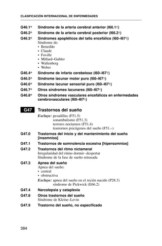 G46.1* Síndrome de la arteria cerebral anterior (I66.1†)
G46.2* Síndrome de la arteria cerebral posterior (I66.2†)
G46.3* Síndromes apopléticos del tallo encefálico (I60–I67†)
Síndrome de:
• Benedikt
• Claude
• Foville
• Millard–Gubler
• Wallenberg
• Weber
G46.4* Síndrome de infarto cerebeloso (I60–I67†)
G46.5* Síndrome lacunar motor puro (I60–I67†)
G46.6* Síndrome lacunar sensorial puro (I60–I67†)
G46.7* Otros síndromes lacunares (I60–I67†)
G46.8* Otros síndromes vasculares encefálicos en enfermedades
cerebrovasculares (I60–I67†)
G47 Trastornos del sueño
Excluye: pesadillas (F51.5)
sonambulismo (F51.3)
terrores nocturnos (F51.4)
trastornos psicógenos del sueño (F51.–)
G47.0 Trastornos del inicio y del mantenimiento del sueño
[insomnios]
G47.1 Trastornos de somnolencia excesiva [hipersomnios]
G47.2 Trastornos del ritmo nictameral
Irregularidad del ritmo dormir–despertar
Síndrome de la fase de sueño retrasada
G47.3 Apnea del sueño
Apnea del sueño:
• central
• obstructiva
Excluye: apnea del sueño en el recién nacido (P28.3)
síndrome de Pickwick (E66.2)
G47.4 Narcolepsia y cataplexia
G47.8 Otros trastornos del sueño
Síndrome de Kleine–Levin
G47.9 Trastorno del sueño, no especificado
CLASIFICACIÓN INTERNACIONAL DE ENFERMEDADES
384
 