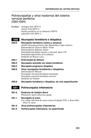 Polineuropatías y otros trastornos del sistema
nervioso periférico
(G60–G64)
Excluye: neuralgia SAI (M79.2)
neuritis SAI (M79.2)
neuritis periférica en el embarazo (O26.8)
radiculitis SAI (M54.1)
G60 Neuropatía hereditaria e idiopática
G60.0 Neuropatía hereditaria motora y sensorial
Atrofia muscular peroneal (tipo hipertrófico) (tipo axónico)
Enfermedad de Charcot–Marie–Tooth
Enfermedad de Déjerine–Sottas
Neuropatía hereditaria motora y sensorial, tipos I–IV
Neuropatía hipertrófica de la infancia
Síndrome de Roussy Lévy
G60.1 Enfermedad de Refsum
G60.2 Neuropatía asociada con ataxia hereditaria
G60.3 Neuropatía progresiva idiopática
G60.8 Otras neuropatías hereditarias e idiopáticas
Enfermedad de Morvan
Neuropatía sensorial hereditaria dominante
Neuropatía sensorial hereditaria recesiva
Síndrome de Nelaton
G60.9 Neuropatía hereditaria e idiopática, sin otra especificación
G61 Polineuropatía inflamatoria
G61.0 Síndrome de Guillain–Barré
Polineuritis (post) infecciosa aguda
G61.1 Neuropatía al suero
Use código adicional de causa externa (Capítulo XX), si desea iden-
tificar la causa.
G61.8 Otras polineuropatías inflamatorias
G61.9 Polineuropatía inflamatoria, no especificada
ENFERMEDADES DEL SISTEMA NERVIOSO
389
 