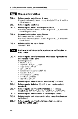 G62 Otras polineuropatías
G62.0 Polineuropatía inducida por drogas
Use código adicional de causa externa (Capítulo XX), si desea iden-
tificar la droga.
G62.1 Polineuropatía alcohólica
G62.2 Polineuropatía debida a otro agente tóxico
Use código adicional de causa externa (Capítulo XX), si desea iden-
tificar el agente tóxico.
G62.8 Otras polineuropatías especificadas
Polineuropatía debida a radiación
Use código adicional de causa externa (Capítulo XX), si desea iden-
tificar la causa.
G62.9 Polineuropatía, no especificada
Neuropatía SAI
G63* Polineuropatías en enfermedades clasificadas en
otra parte
G63.0* Polineuropatía en enfermedades infecciosas y parasitarias
clasificadas en otra parte
Polineuropatía en:
• difteria (A36.8†)
• enfermedad de Lyme (A69.2†)
• herpes zoster (B02.2†)
• lepra (A30.–†)
• mononucleosis infecciosa (B27.–†)
• parotiditis (B26.8†)
• sífilis congénita (A50.4†)
• sífilis tardía (A52.1†)
• tuberculosis (Al7.8†)
G63.1* Polineuropatía en enfermedad neoplásica (C00–D48†)
G63.2* Polineuropatía diabética (E10–E14† con cuarto carácter
común .4)
G63.3* Polineuropatía en otras enfermedades endocrinas y
metabólicas (E00–E07†, E15–E16†, E20–E34†, E70–E89†)
G63.4* Polineuropatía en deficiencia nutricional (E40–E64†)
G63.5* Polineuropatía en trastornos del tejido conectivo sistémico
(M30–M35†)
G63.6* Polineuropatía en otros trastornos osteomusculares
(M00–M25†, M40–M96†)
CLASIFICACIÓN INTERNACIONAL DE ENFERMEDADES
390
 