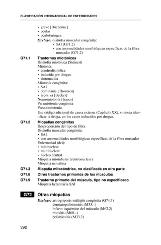 • grave [Duchenne]
• ocular
• oculofaríngea
Excluye: distrofia muscular congénita:
• SAI (G71.2)
• con anormalidades morfológicas específicas de la fibra
muscular (G71.2)
G71.1 Trastornos miotónicos
Distrofia miotónica [Steinert]
Miotonía:
• condrodistrófica
• inducida por drogas
• sintomática
Miotonía congénita:
• SAI
• dominante [Thomsen]
• recesiva [Becker]
Neuromiotonía [Isaacs]
Paramiotonía congénita
Pseudomiotonía
Use código adicional de causa externa (Capítulo XX), si desea iden-
tificar la droga, en los casos inducidos por drogas.
G71.2 Miopatías congénitas
Desproporción del tipo de fibra
Distrofia muscular congénita:
• SAI
• con anormalidades morfológicas específicas de la fibra muscular
Enfermedad (del):
• mininuclear
• multinuclear
• núcleo central
Miopatía miotubular (centronuclear)
Miopatía nemalina
G71.3 Miopatía mitocóndrica, no clasificada en otra parte
G71.8 Otros trastornos primarios de los músculos
G71.9 Trastorno primario del músculo, tipo no especificado
Miopatía hereditaria SAI
G72 Otras miopatías
Excluye: artrogriposis múltiple congénita (Q74.3)
dermatopolimiositis (M33.–)
infarto isquémico del músculo (M62.2)
miositis (M60.–)
polimiositis (M33.2)
CLASIFICACIÓN INTERNACIONAL DE ENFERMEDADES
392
 