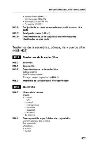 • herpes simple (B00.5†)
• herpes zoster (B02.3†)
• meningocócica (A39.8†)
• Newcastle (B30.8†)
H13.2* Conjuntivitis en otras enfermedades clasificadas en otra
parte
H13.3* Penfigoide ocular (L12.–†)
H13.8* Otros trastornos de la conjuntiva en enfermedades
clasificadas en otra parte
Trastornos de la esclerótica, córnea, iris y cuerpo ciliar
(H15–H22)
H15 Trastornos de la esclerótica
H15.0 Escleritis
H15.1 Episcleritis
H15.8 Otros trastornos de la esclerótica
Ectasia escleral
Estafiloma ecuatorial
Excluye: miopía degenerativa (H44.2)
H15.9 Trastorno de la esclerótica, no especificado
H16 Queratitis
H16.0 Úlcera de la córnea
Úlcera:
• corneal:
• SAI
• central
• con hipopión
• en anillo
• marginal
• perforada
• de Mooren
H16.1 Otras queratitis superficiales sin conjuntivitis
Ceguera causada por la nieve
Fotoqueratitis
Queratitis:
• areolar
• estelar
ENFERMEDADES DEL OJO Y SUS ANEXOS
407
 