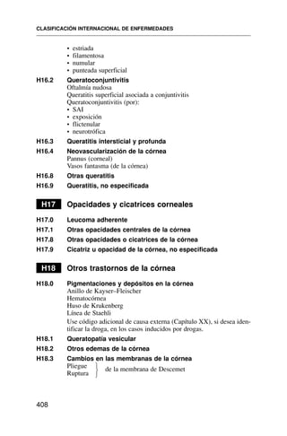 • estriada
• filamentosa
• numular
• punteada superficial
H16.2 Queratoconjuntivitis
Oftalmía nudosa
Queratitis superficial asociada a conjuntivitis
Queratoconjuntivitis (por):
• SAI
• exposición
• flictenular
• neurotrófica
H16.3 Queratitis intersticial y profunda
H16.4 Neovascularización de la córnea
Pannus (corneal)
Vasos fantasma (de la córnea)
H16.8 Otras queratitis
H16.9 Queratitis, no especificada
H17 Opacidades y cicatrices corneales
H17.0 Leucoma adherente
H17.1 Otras opacidades centrales de la córnea
H17.8 Otras opacidades o cicatrices de la córnea
H17.9 Cicatriz u opacidad de la córnea, no especificada
H18 Otros trastornos de la córnea
H18.0 Pigmentaciones y depósitos en la córnea
Anillo de Kayser–Fleischer
Hematocórnea
Huso de Krukenberg
Línea de Staehli
Use código adicional de causa externa (Capítulo XX), si desea iden-
tificar la droga, en los casos inducidos por drogas.
H18.1 Queratopatía vesicular
H18.2 Otros edemas de la córnea
H18.3 Cambios en las membranas de la córnea
Pliegue de la membrana de Descemet
Ruptura
CLASIFICACIÓN INTERNACIONAL DE ENFERMEDADES
408
⎫
⎬
⎭
 