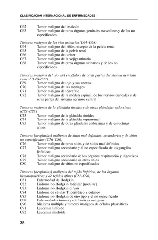 C62 Tumor maligno del testículo
C63 Tumor maligno de otros órganos genitales masculinos y de los no
especificados
Tumores malignos de las vías urinarias (C64–C68)
C64 Tumor maligno del riñón, excepto de la pelvis renal
C65 Tumor maligno de la pelvis renal
C66 Tumor maligno del uréter
C67 Tumor maligno de la vejiga urinaria
C68 Tumor maligno de otros órganos urinarios y de los no
especificados
Tumores malignos del ojo, del encéfalo y de otras partes del sistema nervioso
central (C69–C72)
C69 Tumor maligno del ojo y sus anexos
C70 Tumor maligno de las meninges
C71 Tumor maligno del encéfalo
C72 Tumor maligno de la médula espinal, de los nervios craneales y de
otras partes del sistema nervioso central
Tumores malignos de la glándula tiroides y de otras glándulas endocrinas
(C73–C75)
C73 Tumor maligno de la glándula tiroides
C74 Tumor maligno de la glándula suprarrenal
C75 Tumor maligno de otras glándulas endocrinas y de estructuras
afines
Tumores [neoplasias] malignos de sitios mal definidos, secundarios y de sitios
no especificados (C76–C80)
C76 Tumor maligno de otros sitios y de sitios mal definidos
C77 Tumor maligno secundario y el no especificado de los ganglios
linfáticos
C78 Tumor maligno secundario de los órganos respiratorios y digestivos
C79 Tumor maligno secundario de otros sitios
C80 Tumor maligno de sitios no especificados
Tumores [neoplasias] malignos del tejido linfático, de los órganos
hematopoyéticos y de tejidos afines (C81–C96)
C81 Enfermedad de Hodgkin
C82 Linfoma no-Hodgkin folicular [nodular]
C83 Linfoma no-Hodgkin difuso
C84 Linfoma de células T, periférico y cutáneo
C85 Linfoma no-Hodgkin de otro tipo y el no especificado
C88 Enfermedades inmunoproliferativas malignas
C90 Mieloma múltiple y tumores malignos de células plasmáticas
C91 Leucemia linfoide
C92 Leucemia mieloide
CLASIFICACIÓN INTERNACIONAL DE ENFERMEDADES
38
 